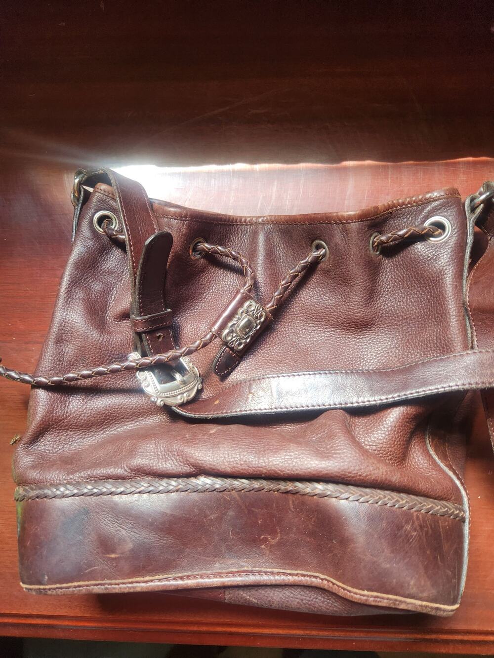 Fossil Brown Leather Bucket Bag Braided Drawstring Silver Conchos